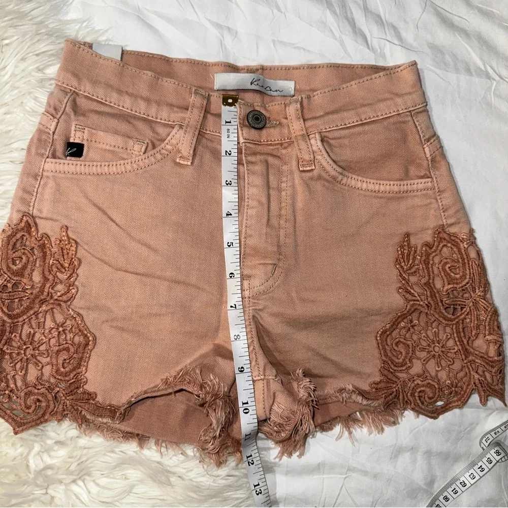 KanCan (Buckle) | Kaimi High Rise Pink Denim Shorts Crochet Lace Frayed Hem 23